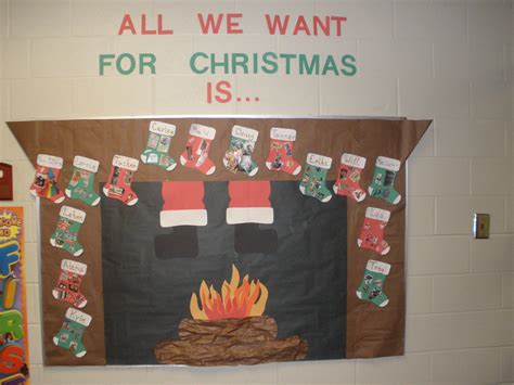 bulletin board christmas ideas|christmas bulletin board with stockings.